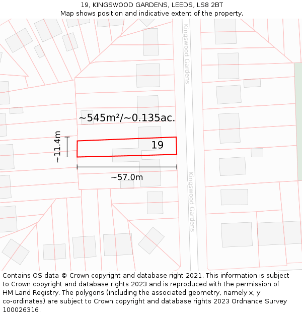19, KINGSWOOD GARDENS, LEEDS, LS8 2BT: Plot and title map