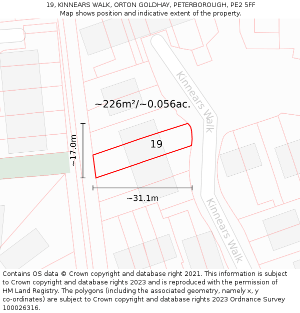 19, KINNEARS WALK, ORTON GOLDHAY, PETERBOROUGH, PE2 5FF: Plot and title map