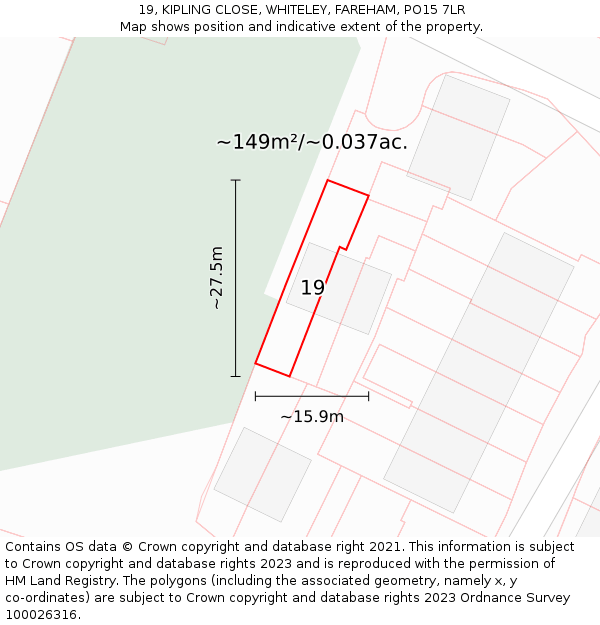 19, KIPLING CLOSE, WHITELEY, FAREHAM, PO15 7LR: Plot and title map