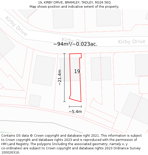 19, KIRBY DRIVE, BRAMLEY, TADLEY, RG26 5EQ: Plot and title map