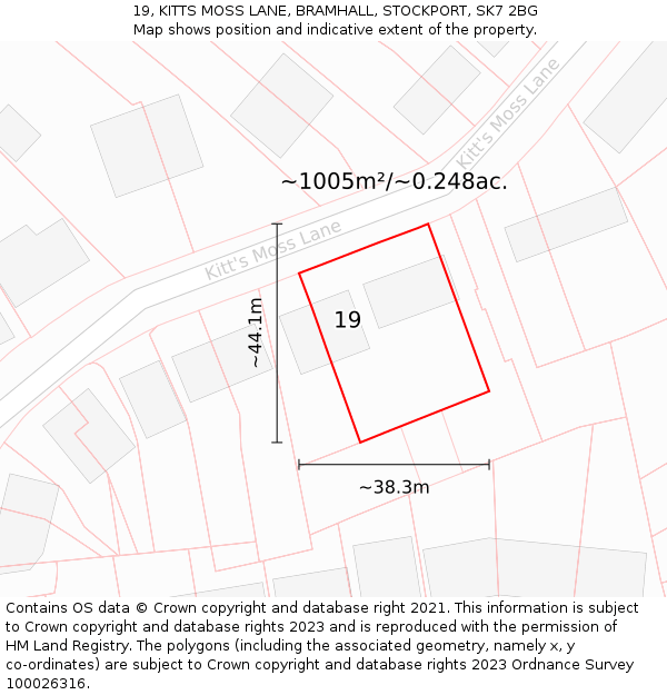 19, KITTS MOSS LANE, BRAMHALL, STOCKPORT, SK7 2BG: Plot and title map