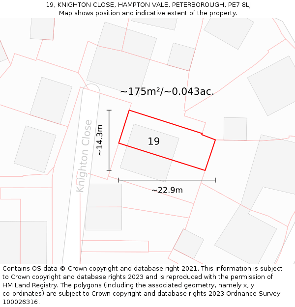19, KNIGHTON CLOSE, HAMPTON VALE, PETERBOROUGH, PE7 8LJ: Plot and title map
