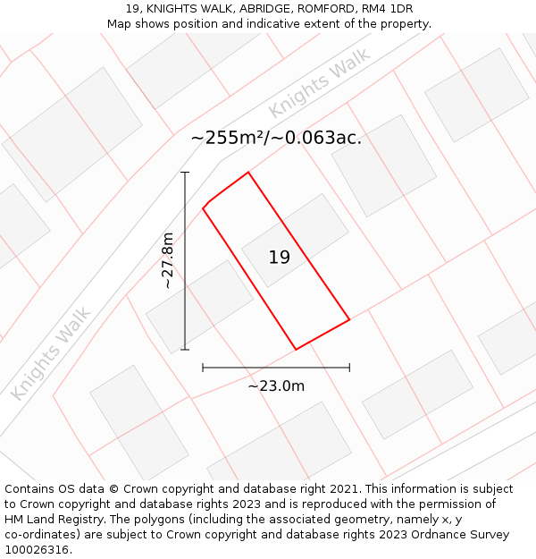 19, KNIGHTS WALK, ABRIDGE, ROMFORD, RM4 1DR: Plot and title map