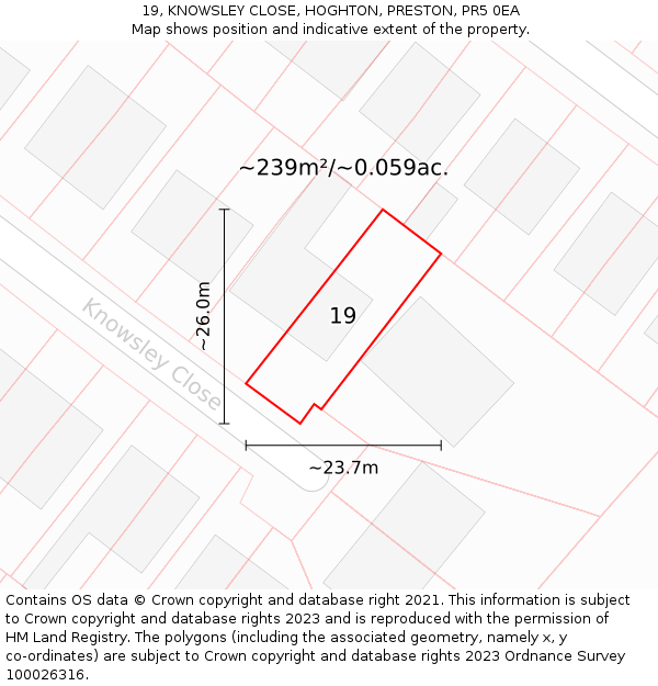 19, KNOWSLEY CLOSE, HOGHTON, PRESTON, PR5 0EA: Plot and title map