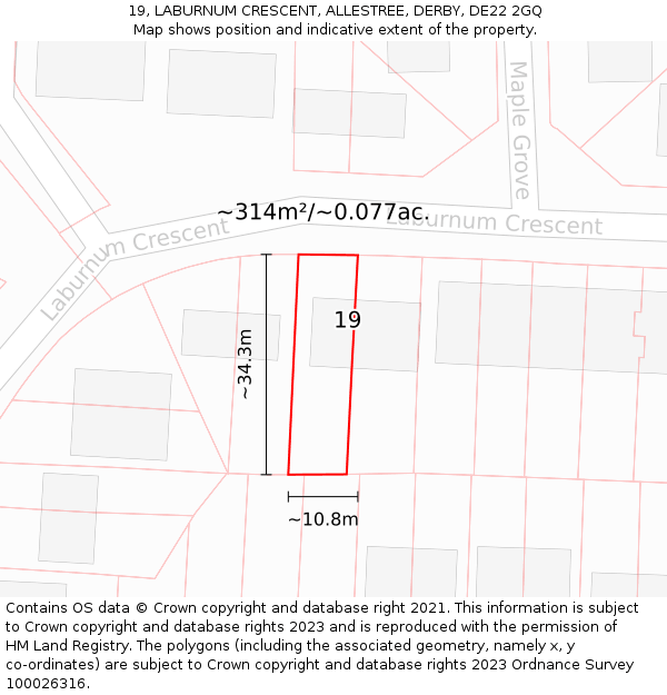 19, LABURNUM CRESCENT, ALLESTREE, DERBY, DE22 2GQ: Plot and title map