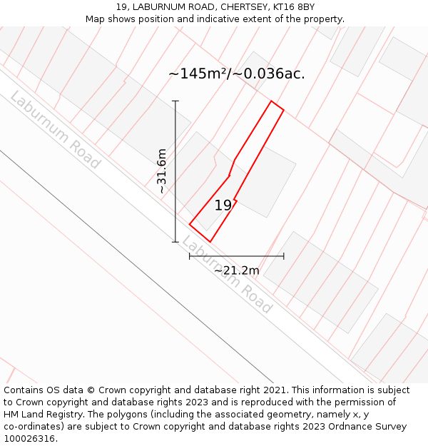 19, LABURNUM ROAD, CHERTSEY, KT16 8BY: Plot and title map