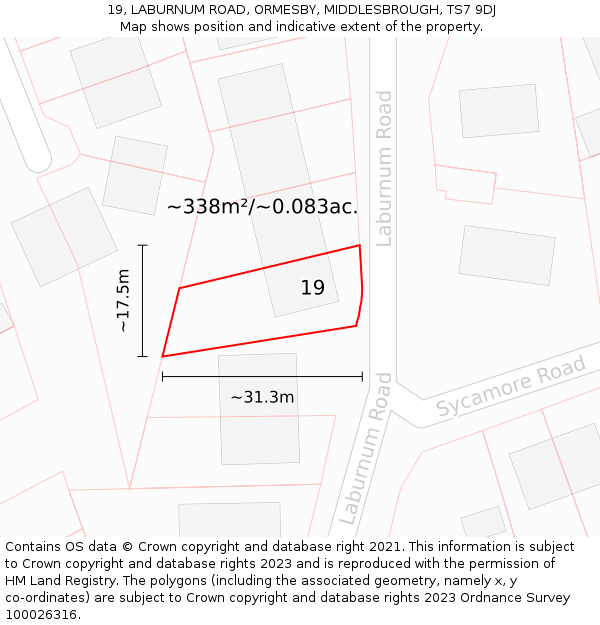 19, LABURNUM ROAD, ORMESBY, MIDDLESBROUGH, TS7 9DJ: Plot and title map