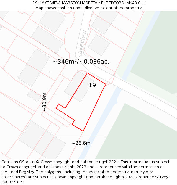 19, LAKE VIEW, MARSTON MORETAINE, BEDFORD, MK43 0LH: Plot and title map