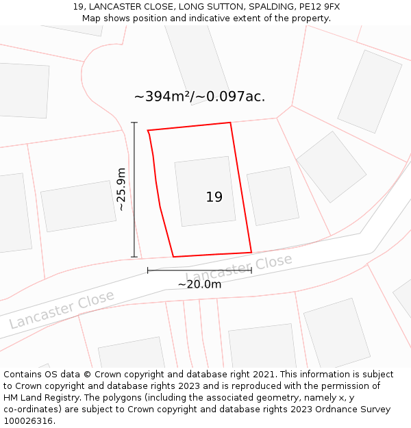 19, LANCASTER CLOSE, LONG SUTTON, SPALDING, PE12 9FX: Plot and title map