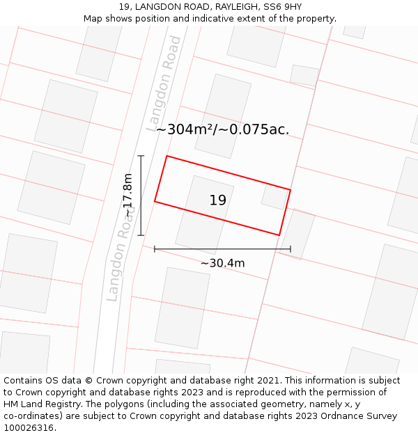 19, LANGDON ROAD, RAYLEIGH, SS6 9HY: Plot and title map