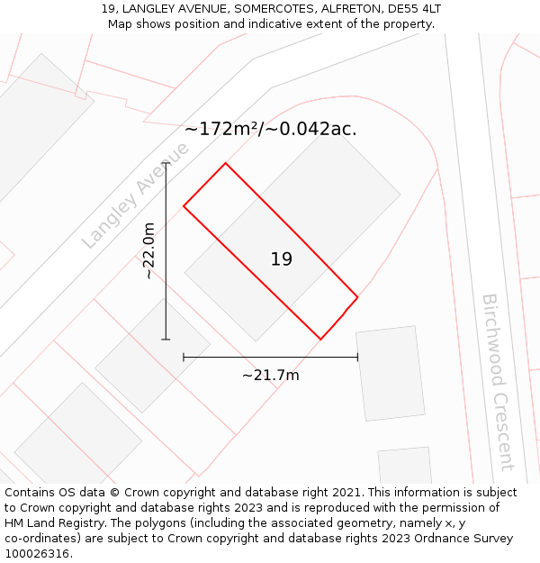 19, LANGLEY AVENUE, SOMERCOTES, ALFRETON, DE55 4LT: Plot and title map