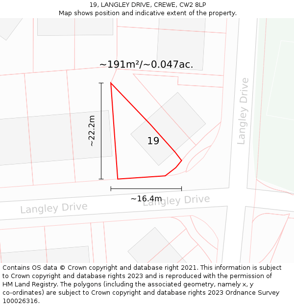 19, LANGLEY DRIVE, CREWE, CW2 8LP: Plot and title map