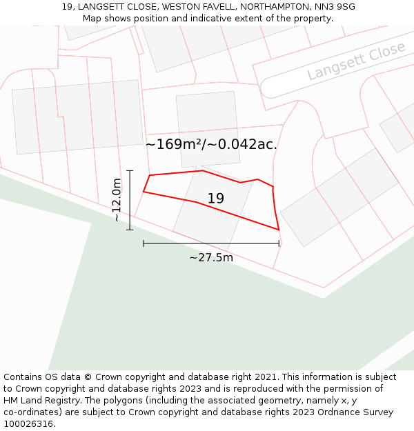 19, LANGSETT CLOSE, WESTON FAVELL, NORTHAMPTON, NN3 9SG: Plot and title map
