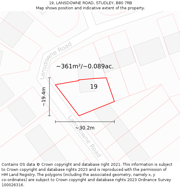 19, LANSDOWNE ROAD, STUDLEY, B80 7RB: Plot and title map