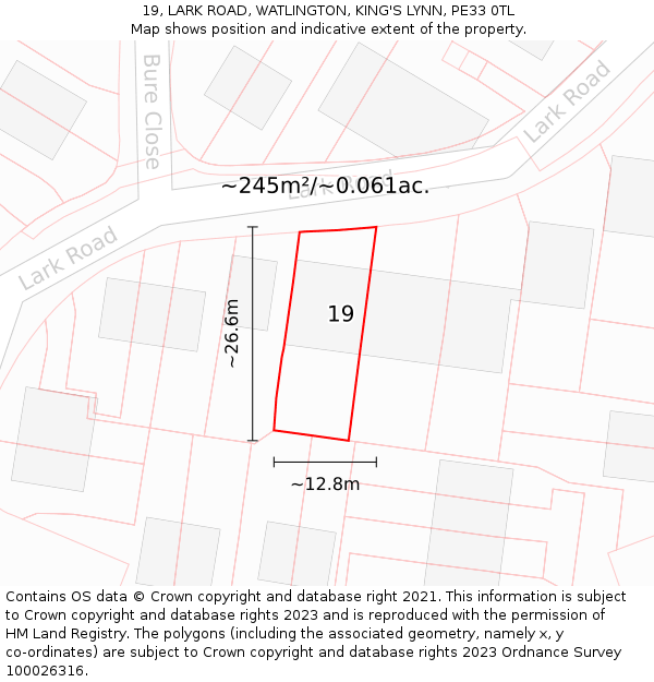 19, LARK ROAD, WATLINGTON, KING'S LYNN, PE33 0TL: Plot and title map