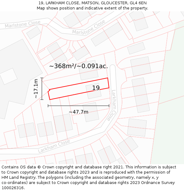 19, LARKHAM CLOSE, MATSON, GLOUCESTER, GL4 6EN: Plot and title map