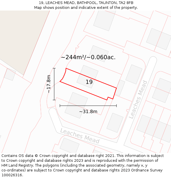 19, LEACHES MEAD, BATHPOOL, TAUNTON, TA2 8FB: Plot and title map