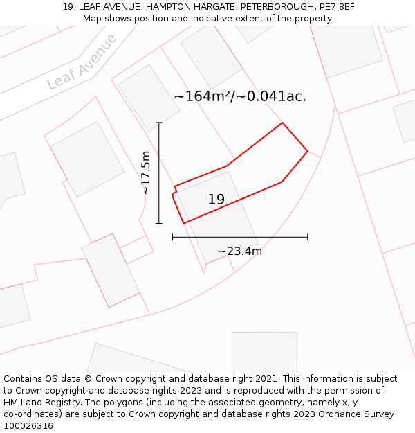 19, LEAF AVENUE, HAMPTON HARGATE, PETERBOROUGH, PE7 8EF: Plot and title map