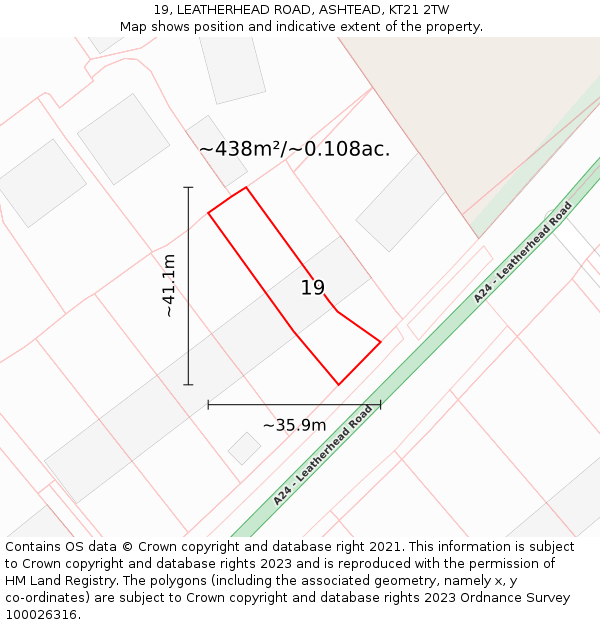 19, LEATHERHEAD ROAD, ASHTEAD, KT21 2TW: Plot and title map