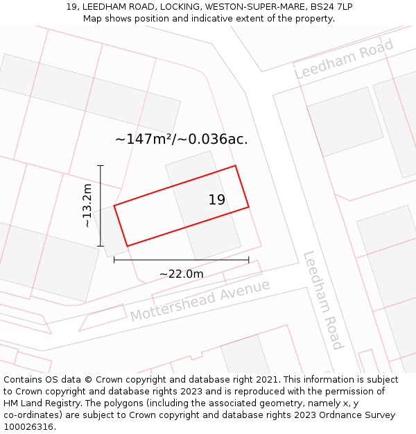 19, LEEDHAM ROAD, LOCKING, WESTON-SUPER-MARE, BS24 7LP: Plot and title map