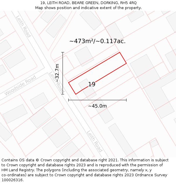 19, LEITH ROAD, BEARE GREEN, DORKING, RH5 4RQ: Plot and title map
