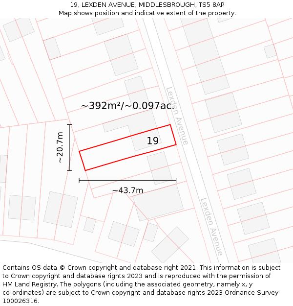 19, LEXDEN AVENUE, MIDDLESBROUGH, TS5 8AP: Plot and title map