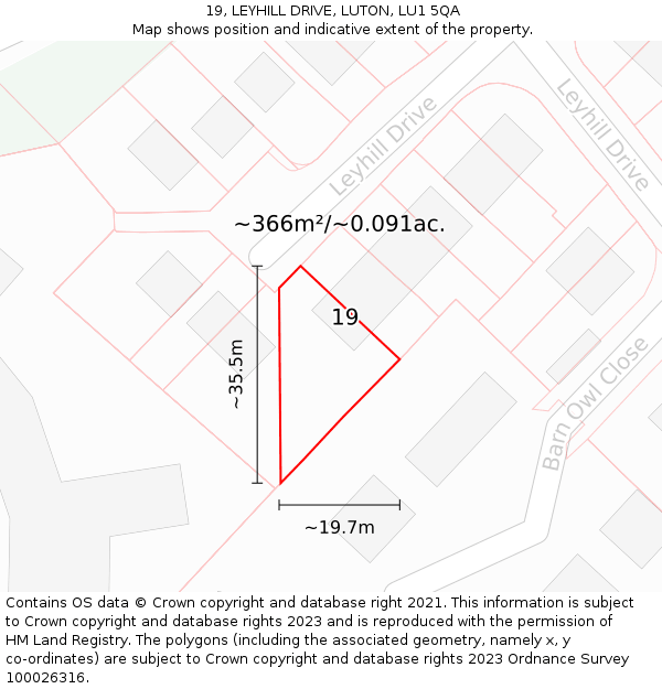 19, LEYHILL DRIVE, LUTON, LU1 5QA: Plot and title map