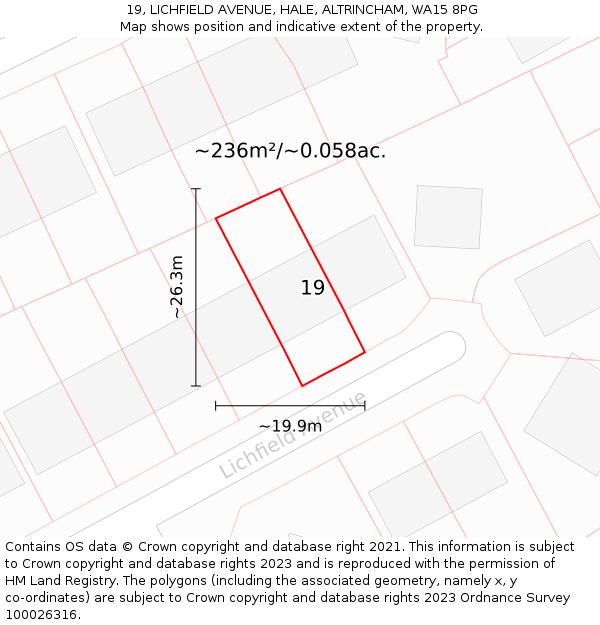 19, LICHFIELD AVENUE, HALE, ALTRINCHAM, WA15 8PG: Plot and title map