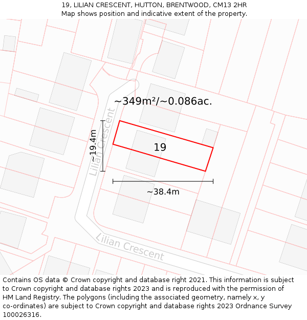 19, LILIAN CRESCENT, HUTTON, BRENTWOOD, CM13 2HR: Plot and title map