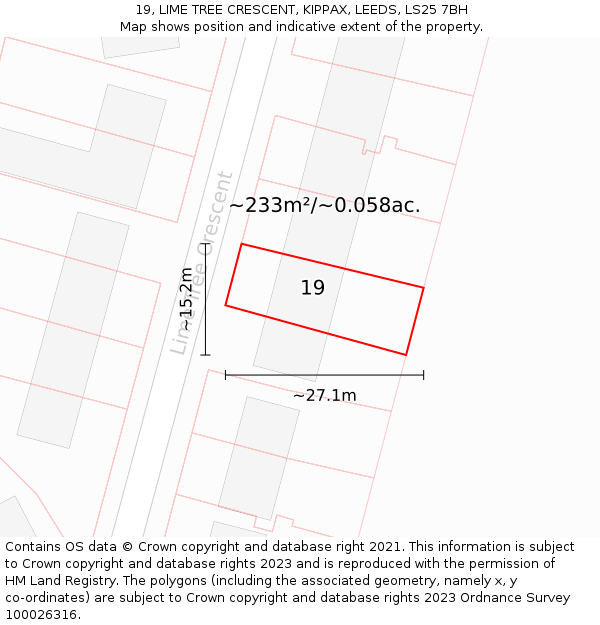 19, LIME TREE CRESCENT, KIPPAX, LEEDS, LS25 7BH: Plot and title map