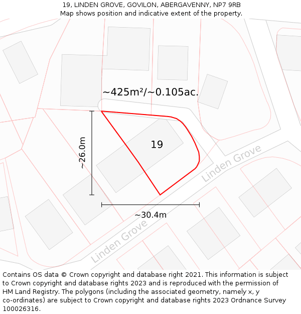 19, LINDEN GROVE, GOVILON, ABERGAVENNY, NP7 9RB: Plot and title map
