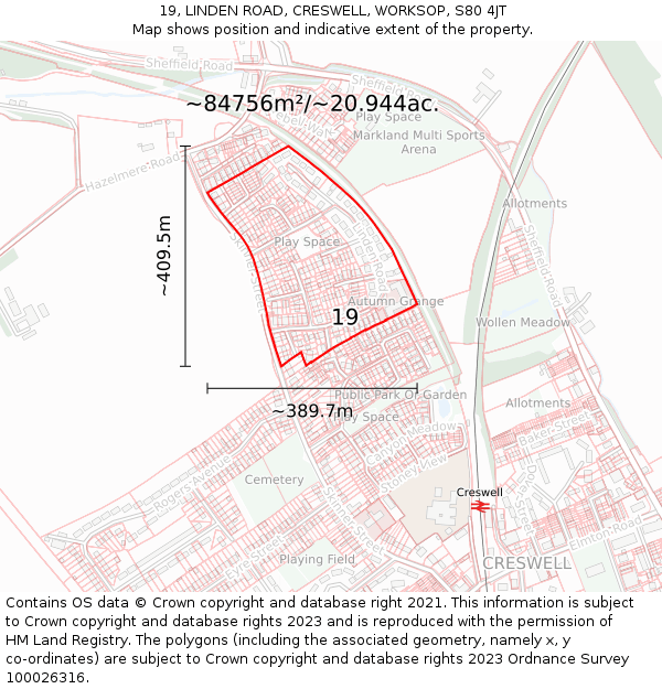 19, LINDEN ROAD, CRESWELL, WORKSOP, S80 4JT: Plot and title map