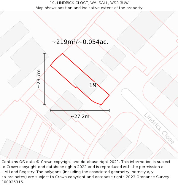 19, LINDRICK CLOSE, WALSALL, WS3 3UW: Plot and title map