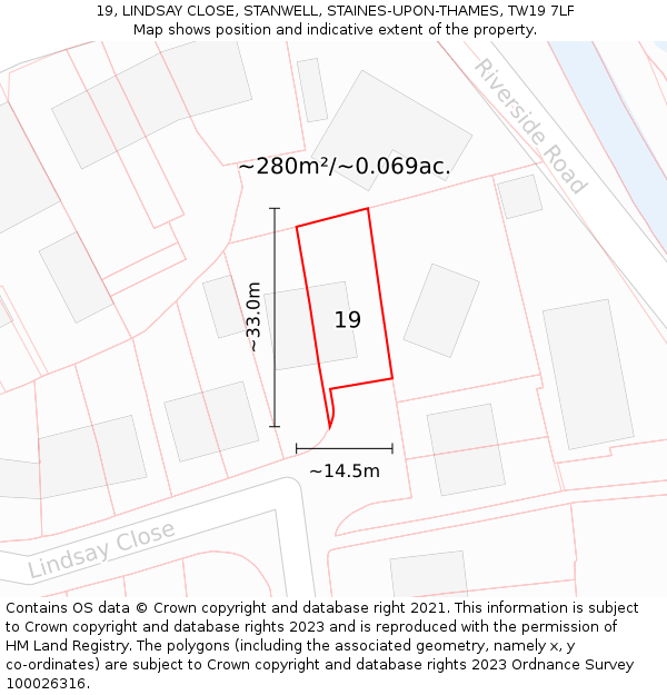 19, LINDSAY CLOSE, STANWELL, STAINES-UPON-THAMES, TW19 7LF: Plot and title map