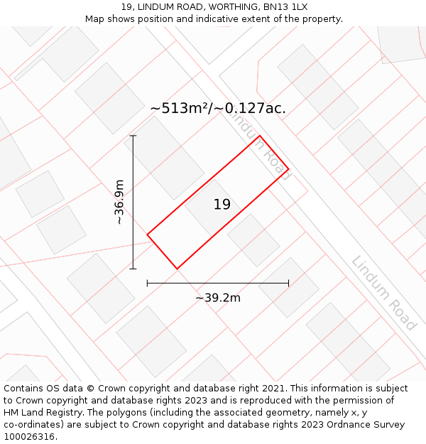 19, LINDUM ROAD, WORTHING, BN13 1LX: Plot and title map