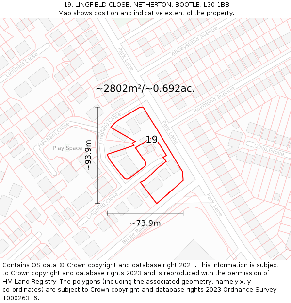 19, LINGFIELD CLOSE, NETHERTON, BOOTLE, L30 1BB: Plot and title map