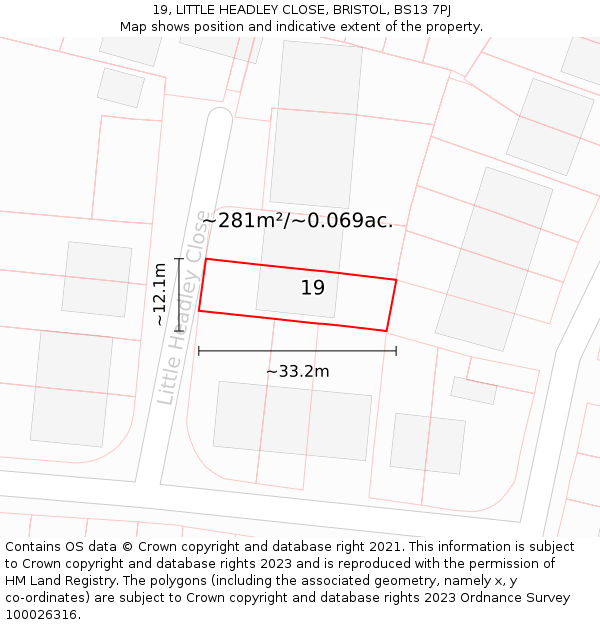 19, LITTLE HEADLEY CLOSE, BRISTOL, BS13 7PJ: Plot and title map