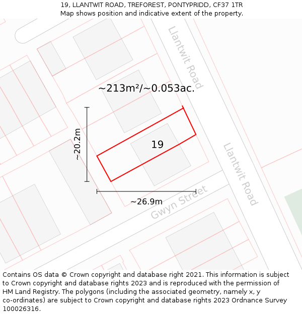 19, LLANTWIT ROAD, TREFOREST, PONTYPRIDD, CF37 1TR: Plot and title map