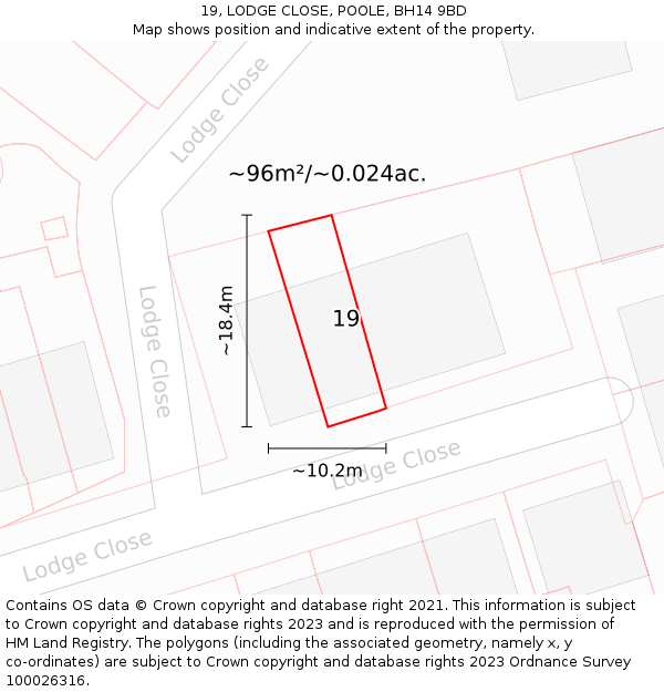 19, LODGE CLOSE, POOLE, BH14 9BD: Plot and title map