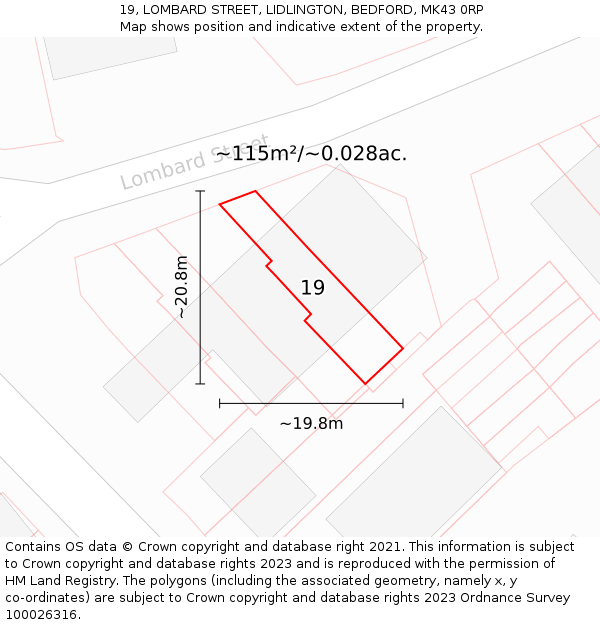 19, LOMBARD STREET, LIDLINGTON, BEDFORD, MK43 0RP: Plot and title map