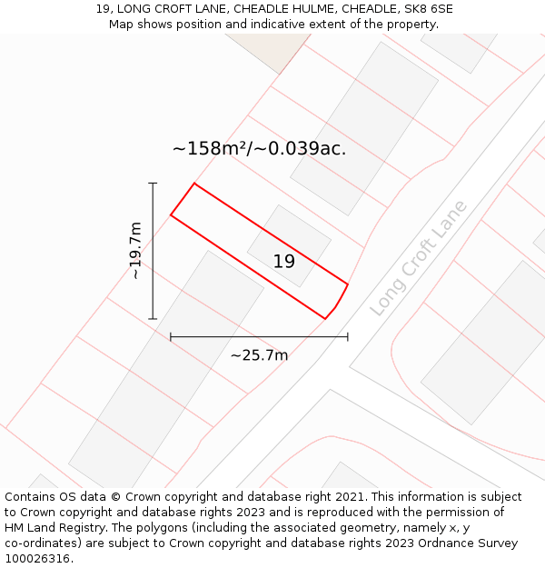 19, LONG CROFT LANE, CHEADLE HULME, CHEADLE, SK8 6SE: Plot and title map