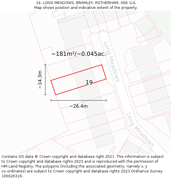 19, LONG MEADOWS, BRAMLEY, ROTHERHAM, S66 1UL: Plot and title map