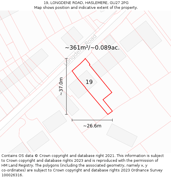 19, LONGDENE ROAD, HASLEMERE, GU27 2PG: Plot and title map