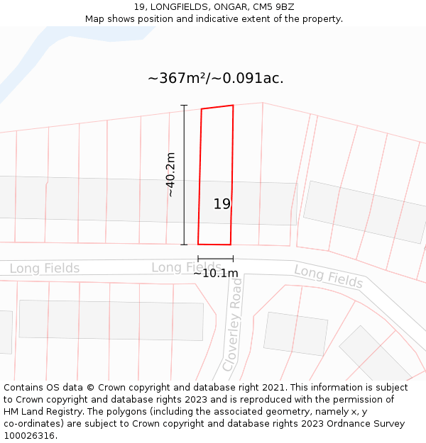 19, LONGFIELDS, ONGAR, CM5 9BZ: Plot and title map