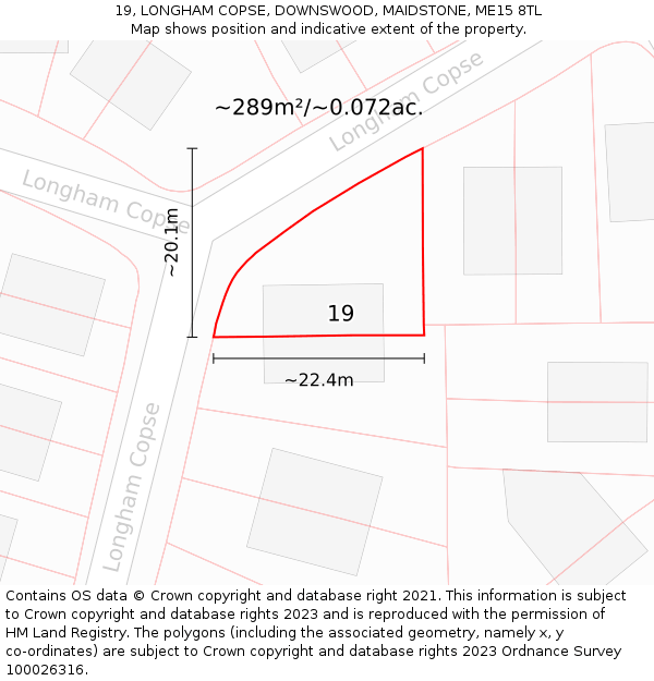19, LONGHAM COPSE, DOWNSWOOD, MAIDSTONE, ME15 8TL: Plot and title map