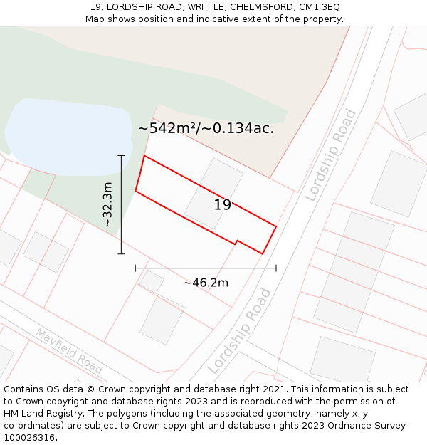 19, LORDSHIP ROAD, WRITTLE, CHELMSFORD, CM1 3EQ: Plot and title map