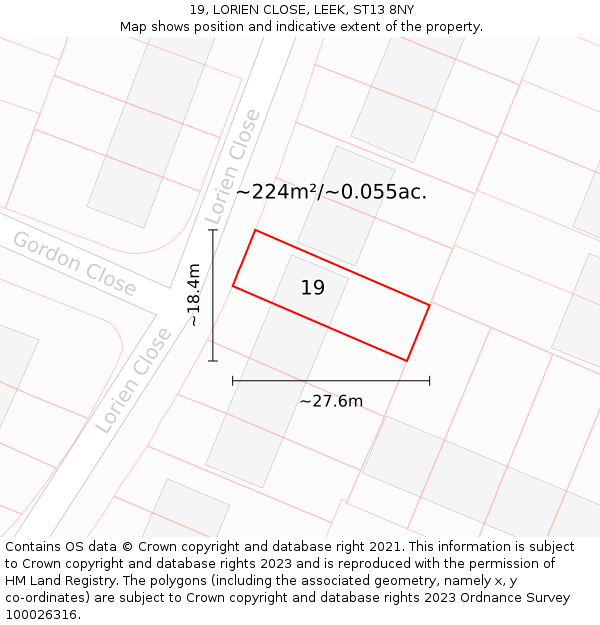 19, LORIEN CLOSE, LEEK, ST13 8NY: Plot and title map