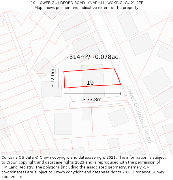 19, LOWER GUILDFORD ROAD, KNAPHILL, WOKING, GU21 2EE: Plot and title map