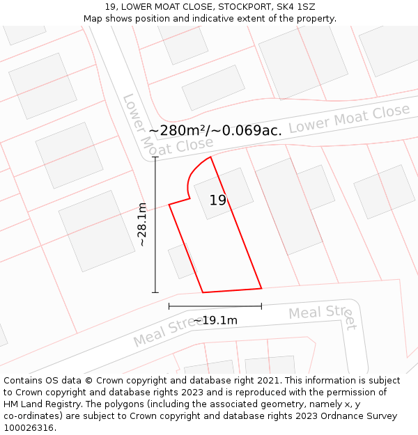 19, LOWER MOAT CLOSE, STOCKPORT, SK4 1SZ: Plot and title map