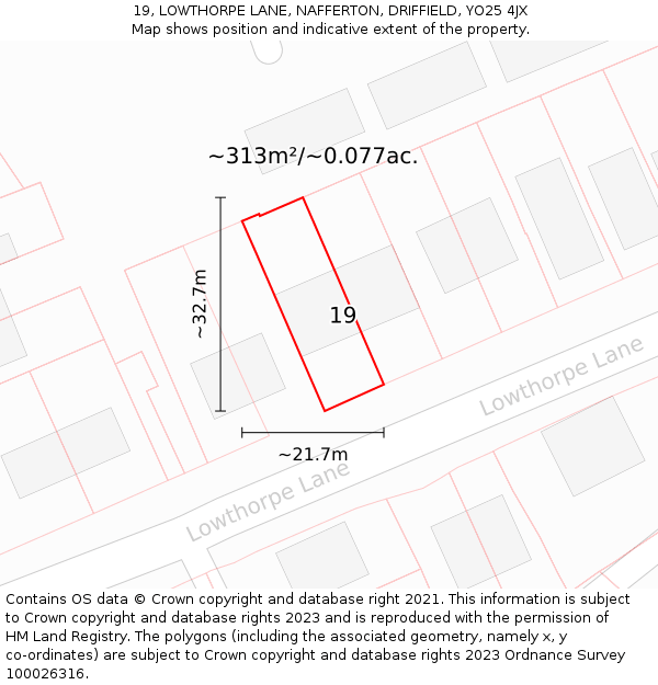 19, LOWTHORPE LANE, NAFFERTON, DRIFFIELD, YO25 4JX: Plot and title map